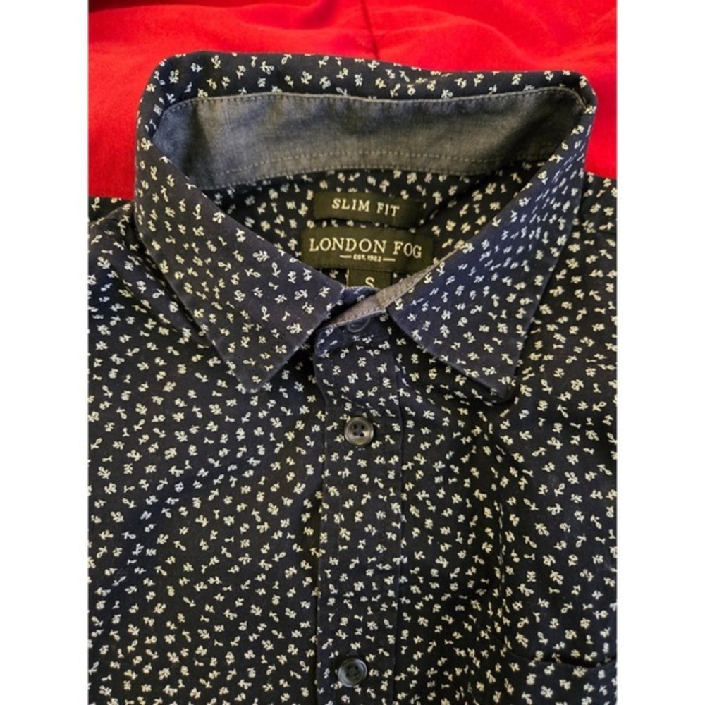 London Fog Men's Navy Blue & White Floral Print Slim Fit Shirt Small